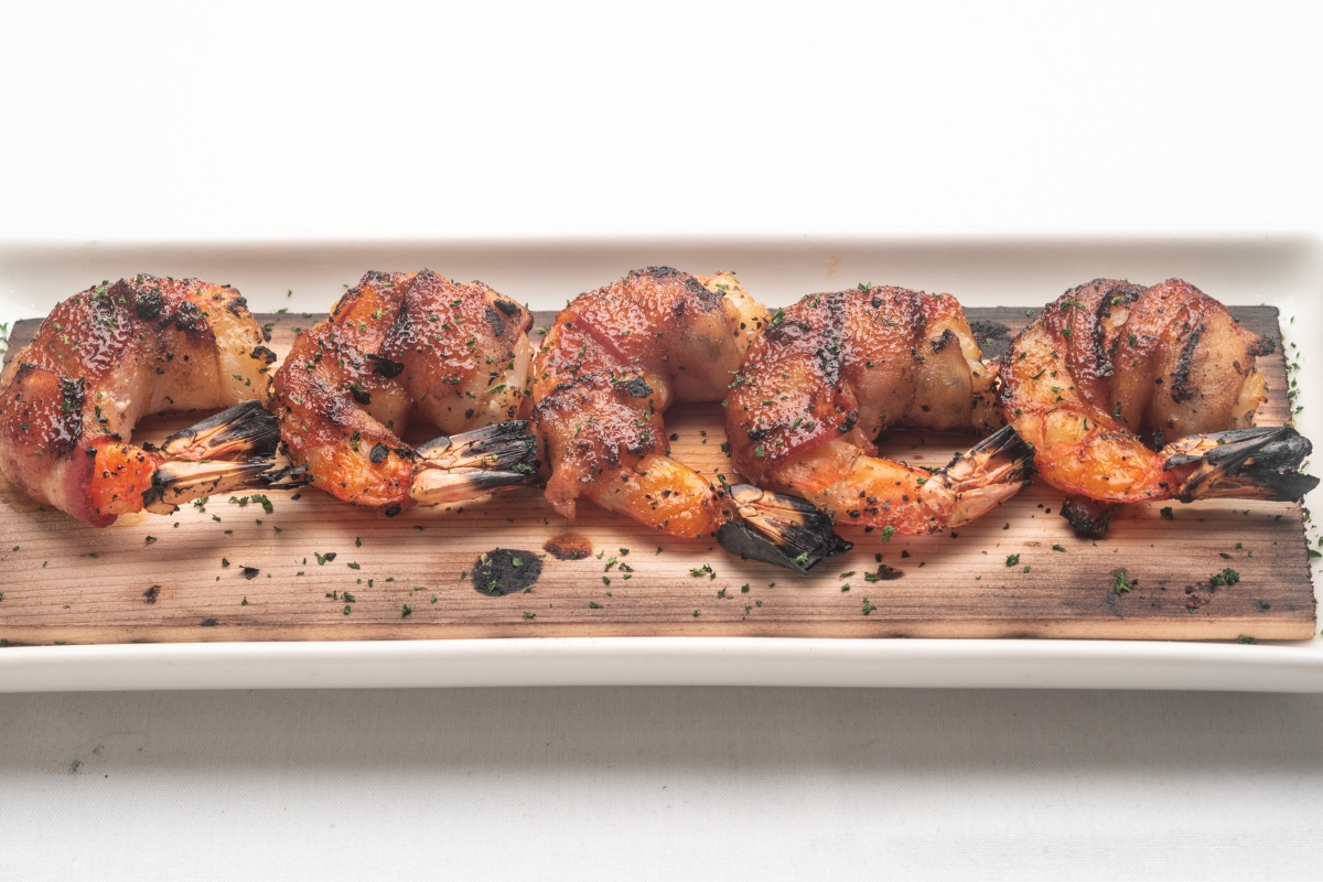 BBQ Bacon-Wrapped Cedar Plank Shrimp